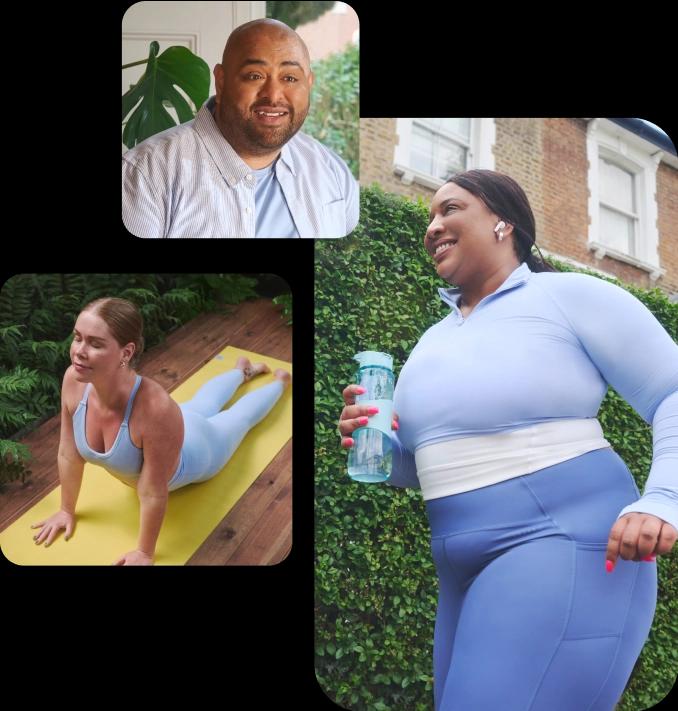 A happy male patient, a woman doing yoga, and a happy female patient